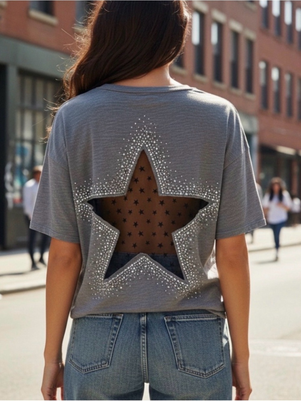Gray Star Cutout Short Sleeve Top with Crystal Detail